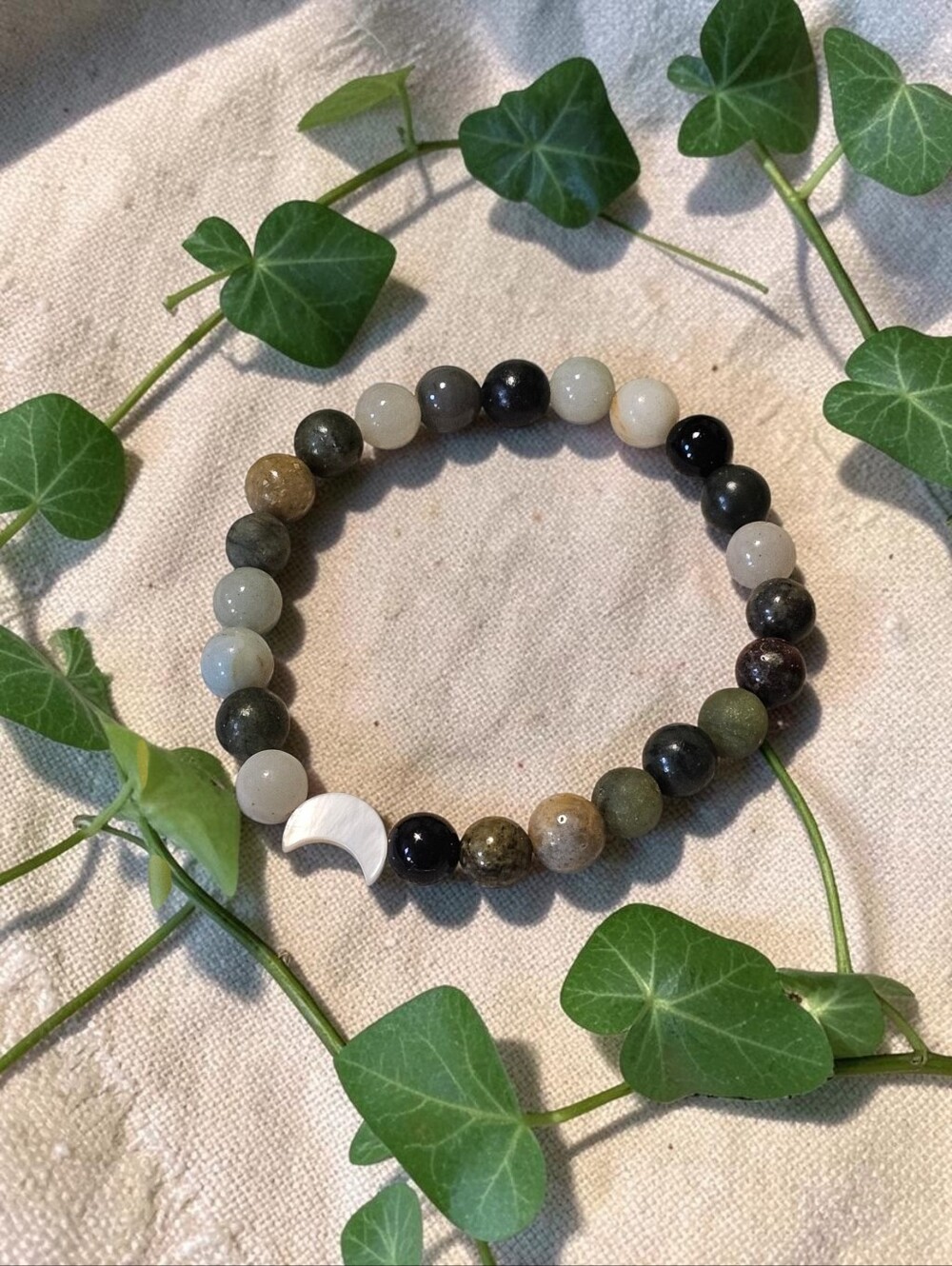 Earth Tone Grounding Moon Accent Bracelet - Green and Black Beads